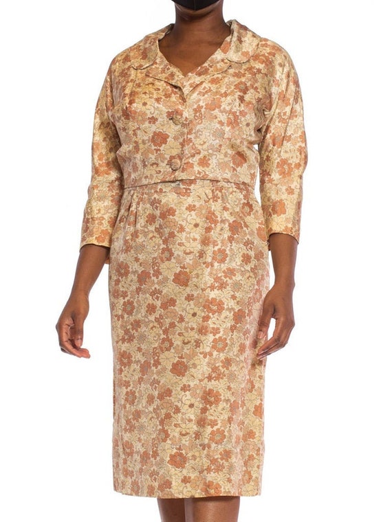 1950S Beige  Brown Silk Indian Floral Print Dress… - image 1