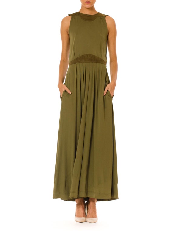 1990s Vintage Jean Muir Long Green Pleated Dress