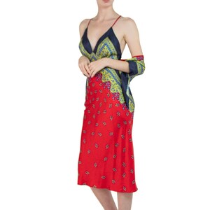 Morphew Collection Navy Blue, Lime Green Red Silk Twill Floral Ditsy Print Scarf Dress Made From Vintage Scarves Bild 5