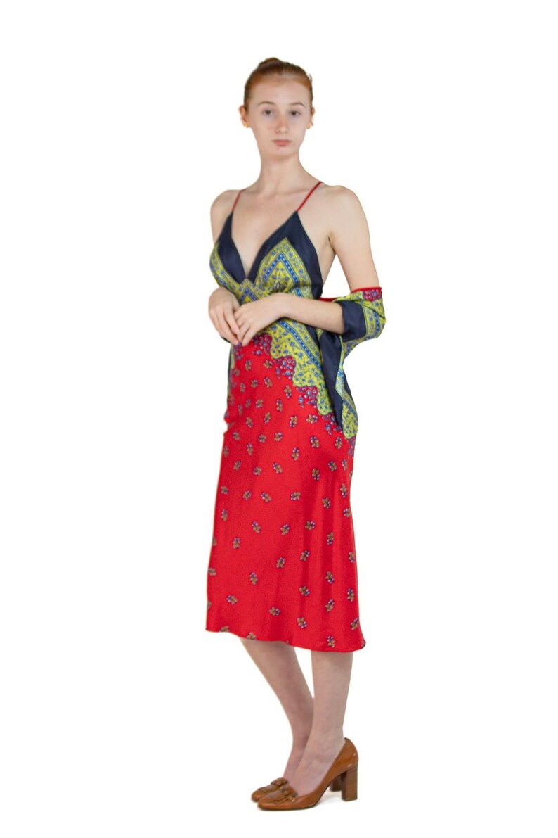 Morphew Collection Navy Blue, Lime Green Red Silk Twill Floral Ditsy Print Scarf Dress Made From Vintage Scarves Bild 5