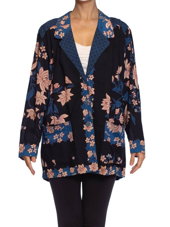 1980S Pink Blue Rayon Asian Floral Lightweight Ov