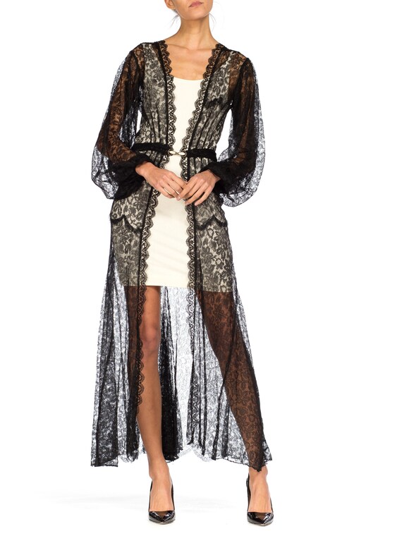 1930S Black Sheer Lace Bishop Sleeve Robe With Bel