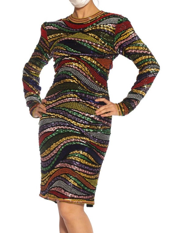 1980S Multicolor Beaded Silk  Rayon Long Sleeve Co