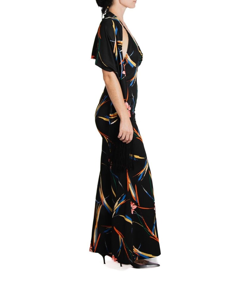 1970S Black & Tropical Rayon Jumpsuit With Matching Shawl image 3