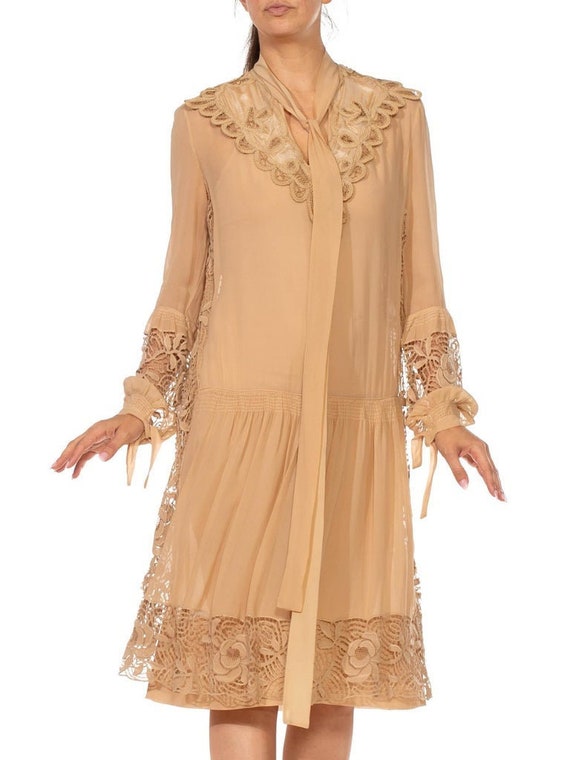 1920S Ecru Silk Chiffon  Lace Drop-Waist Flapper E