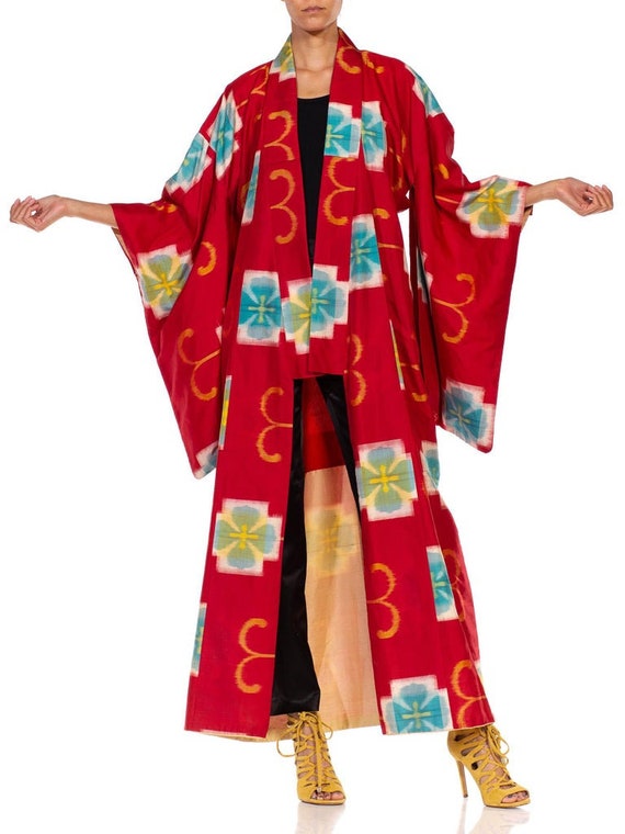 1940S Red Hand Woven Silk Ikat Kimono - image 5