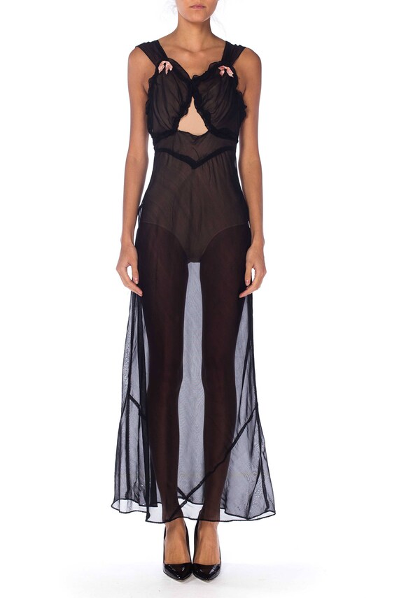 1930S Black Sheer Rayon Chiffon Negligee With Key… - image 1