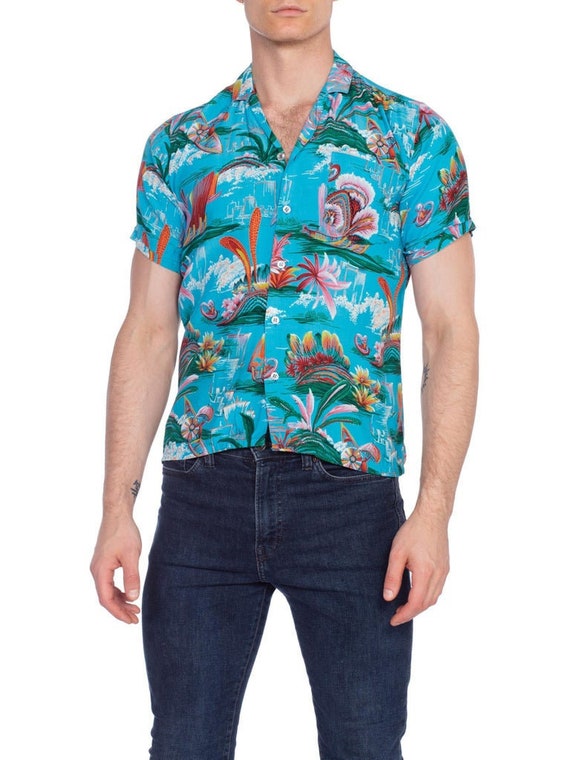 1970S Teal Rayon Men's 40S Style Tropical Hawaiian