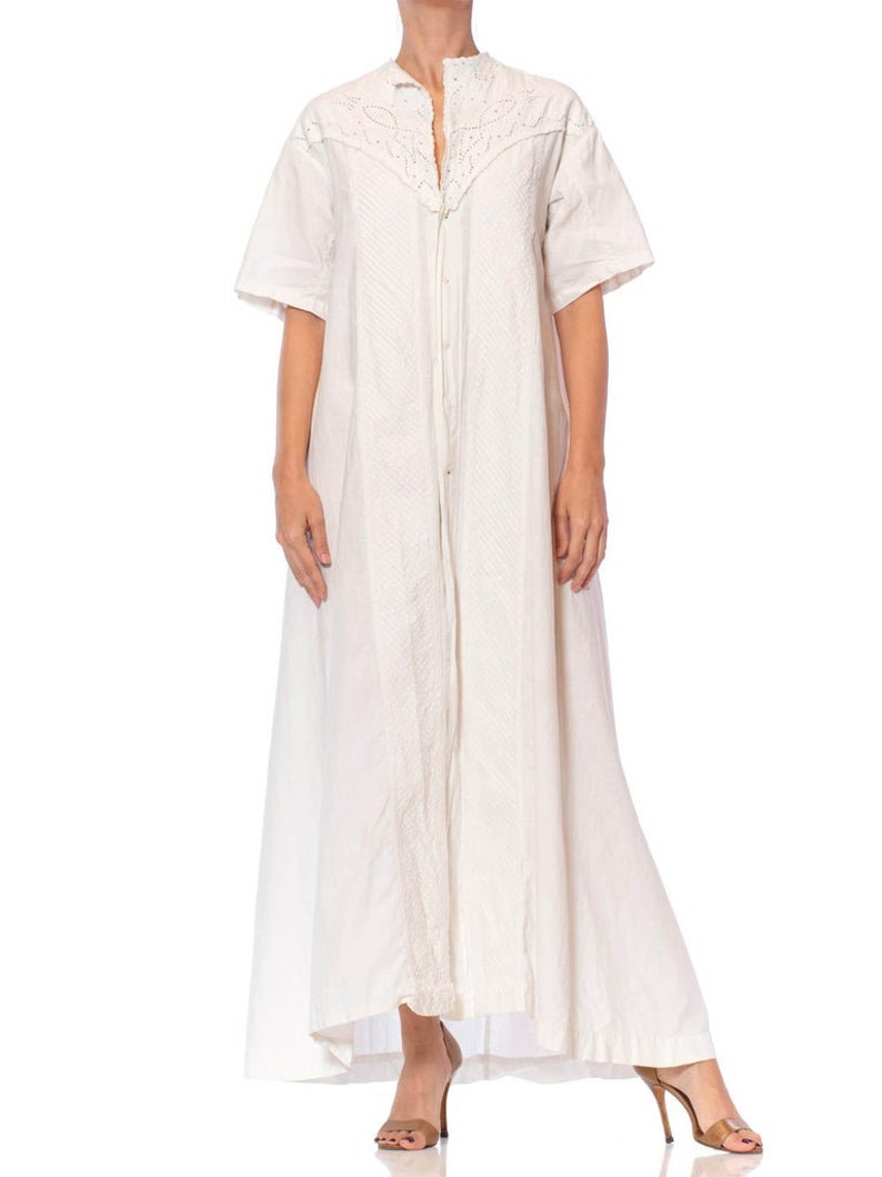 Victorian Off White Hand Embroidered Organic Linen Short Sleeve Nightgown Duster Dress image 2