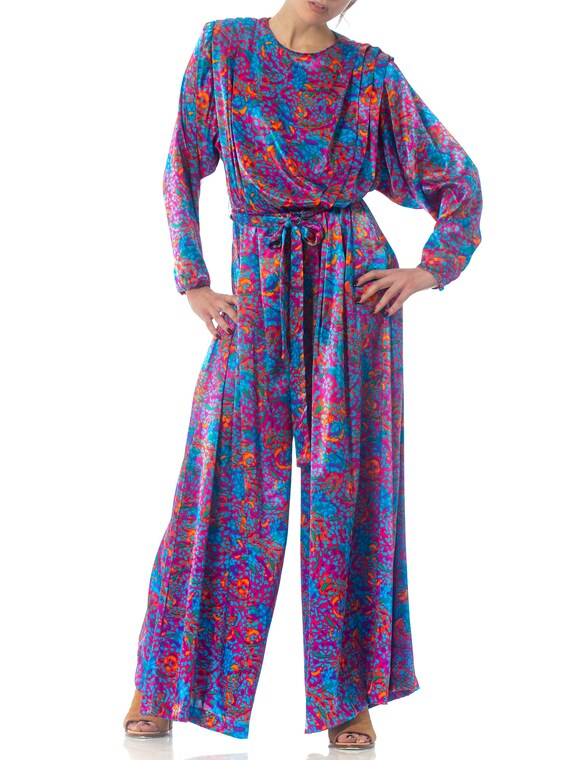 1980S Purple Floral Polyester Satin Jumpsuit