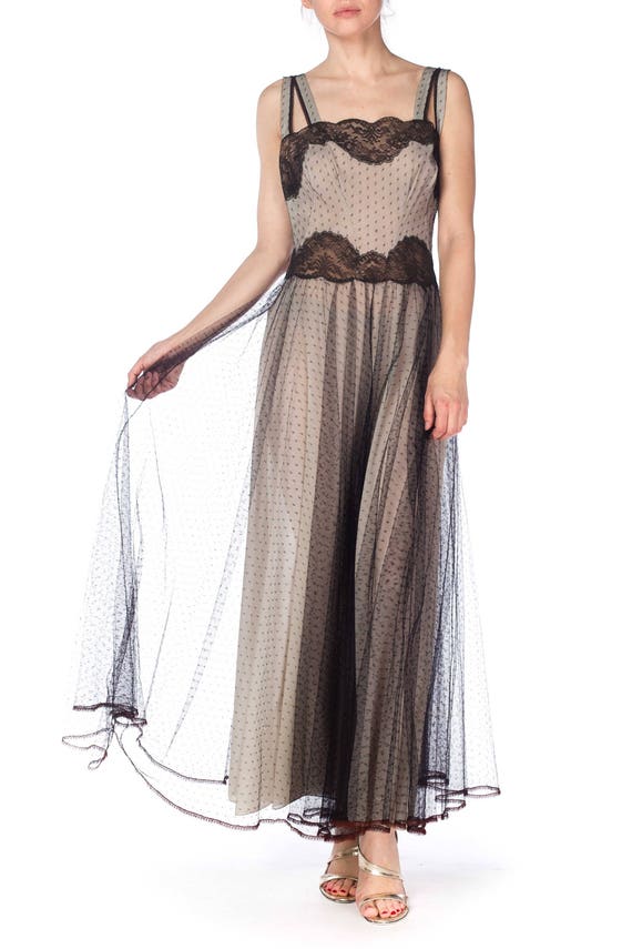 1950S Black & White Nylon And Net Maxi Negligee