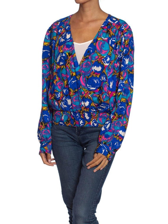 1980S Blue Floral Polyester Low Cut Boho Blouse