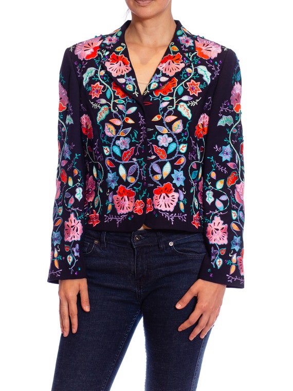 1990s Black Cotton Jacket with Pink and Purple em… - image 2