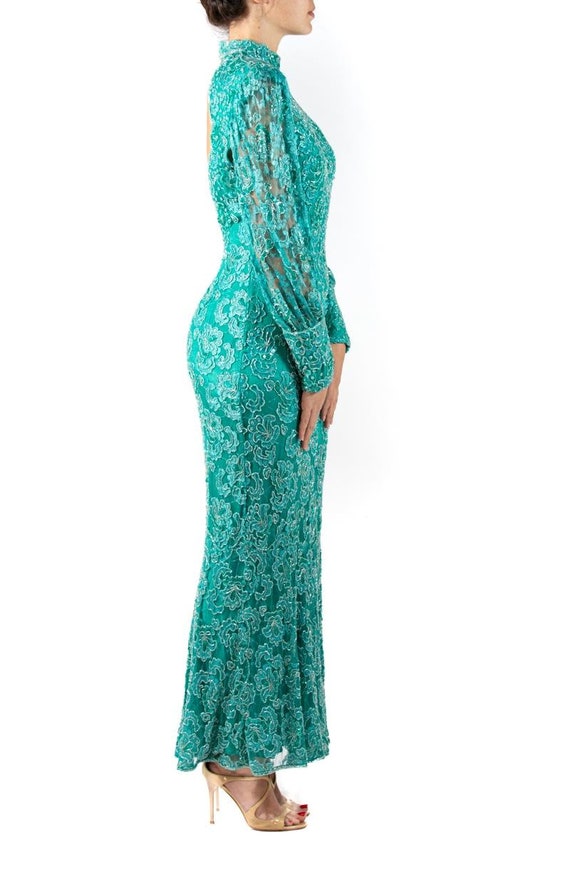 1980S Teal Beaded Rayon Lace Gown With Sleeves - image 6