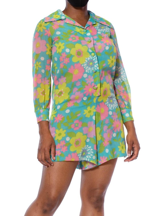 1960S Aqua Blue Floral Cotton Voile Mod Romper - image 2