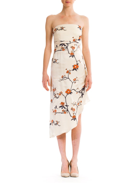 1980s Vintage Strapples Asian Floral Silk Dress S