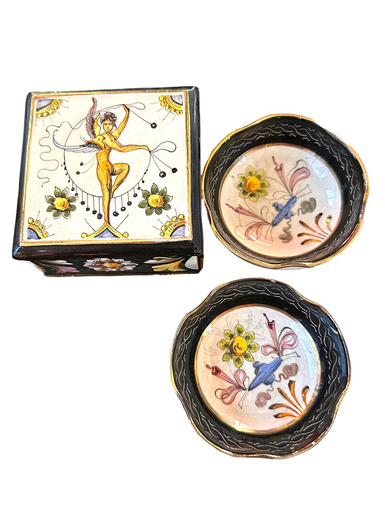 Morphew Abode 1950S White Italian Cermanic Handpainted Angel With Flowers Box Matching Saucers image 5