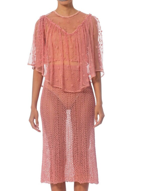 1970S Pink Hand Crochet Cotton Net Crop Top & Skir