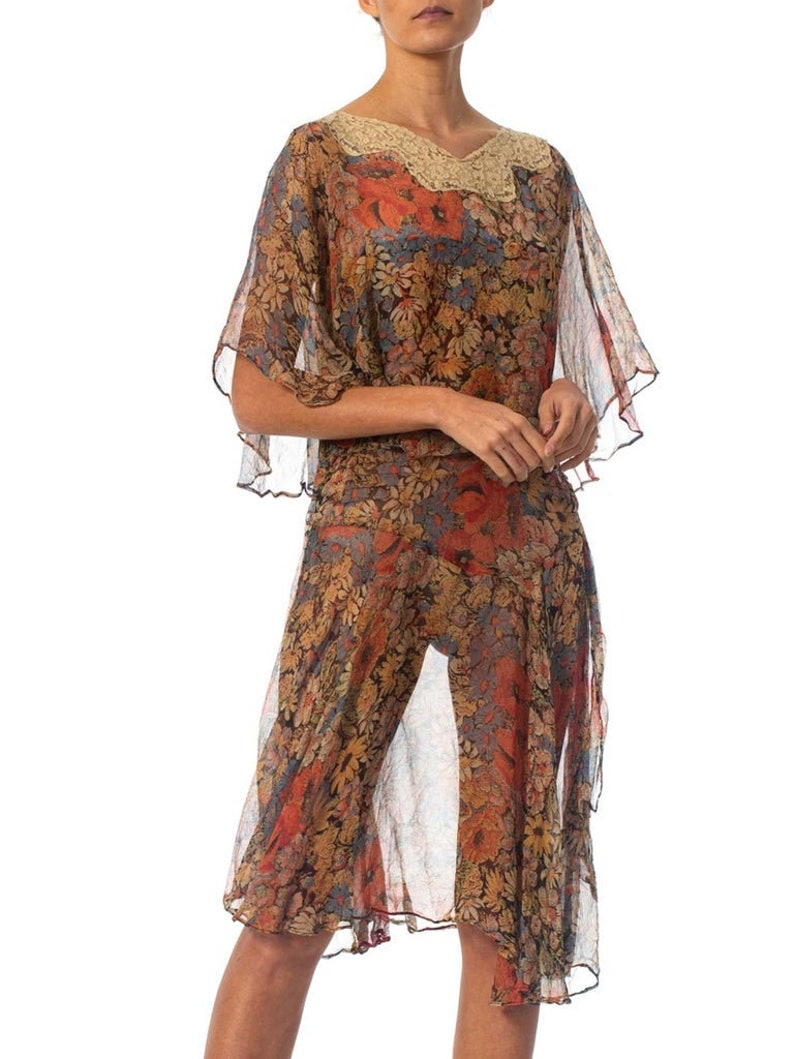 1920S Earth Tone Floral Silk Mousseline Dress With Lace Collar & Caped Bodice image 1