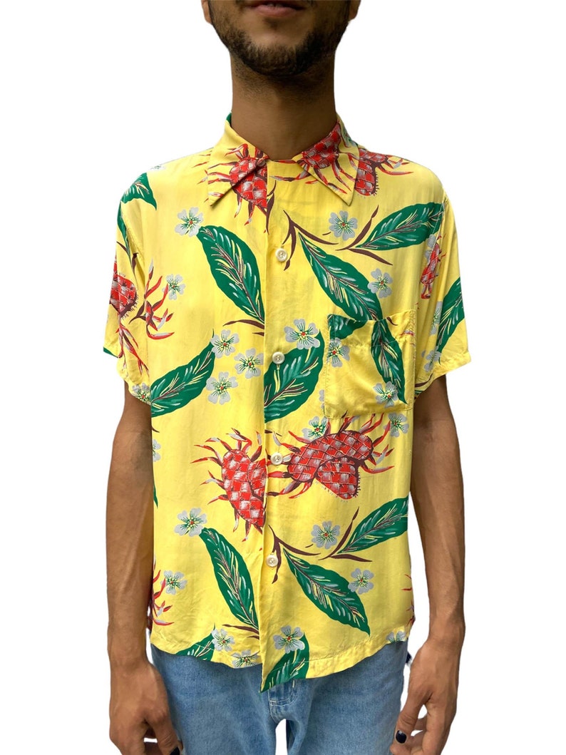 1940S Blocks Yellow Tropical Rayon Silk Crabs Shirt image 1