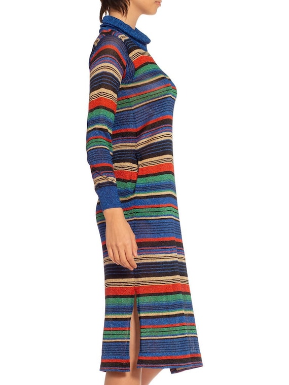 1970S Blue Red  Yellow Lurex Knit Striped Turtle … - image 3