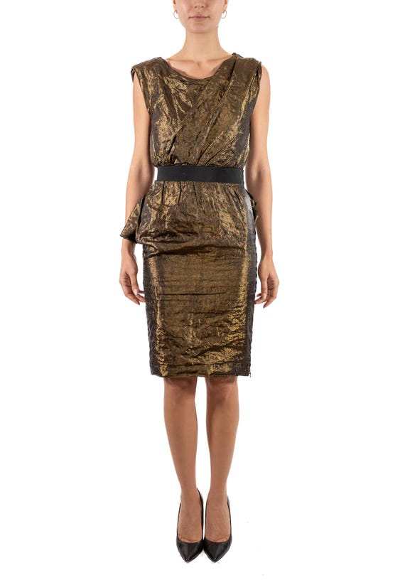 2000s Alber Elbaz Lanvin Metallic Gold & Black Silk Blend Deconstructed Detailed Cocktail Dress