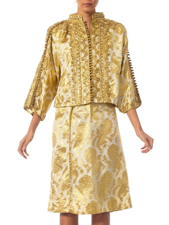 1970S Gold Metallic Poly Lurex Embroidered Suit W… - image 1