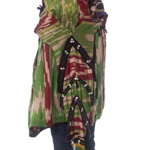 1970S Silk Authentic Uzbekistan Ikat Cape Hood With Buttons And Metal Embellishment image 6