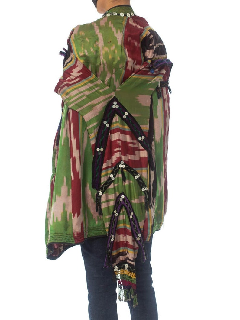 1970S Silk Authentic Uzbekistan Ikat Cape Hood With Buttons And Metal Embellishment image 6