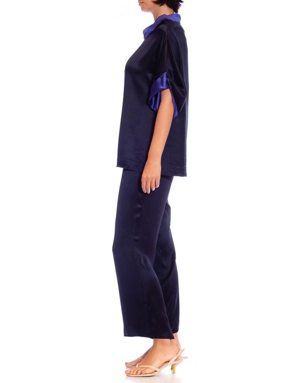 1990S Escada Black  Blue Silk Satin Loose Top Pan… - image 2