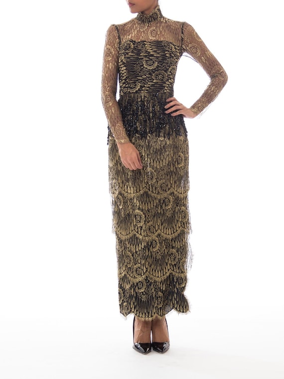 1980s Tiered Gold Lace Gown with Black Beaded Frin