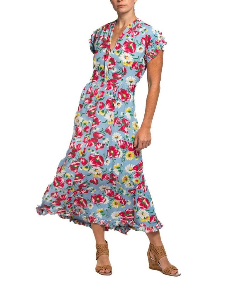 1940S Aqua Blue & Pink Cold Rayon Floral Zip-Front Dress image 9