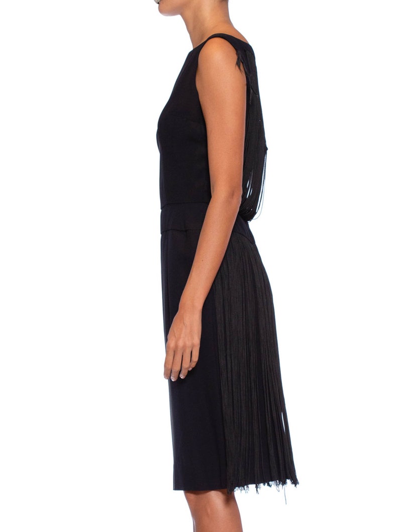 1960S Black Rayon Crepe Lbd Cocktail Dress With Draped Long Fringe Back image 3