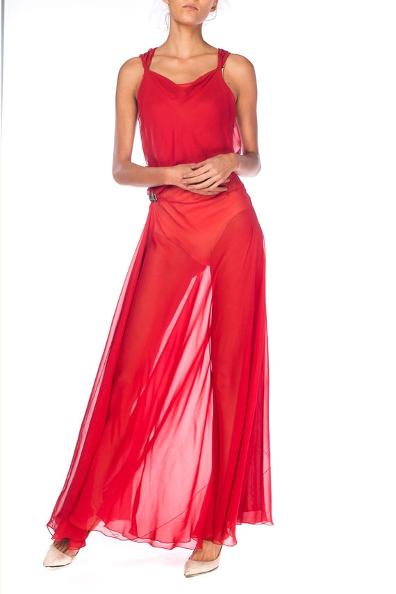 1930S Red Sheer Silk Chiffon Bias-Cut Gown With D… - image 2