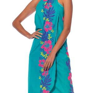 1970S Turquoise Pink Cotton Hawaii Tropical Surf Beach Wrap Dress Swim Cover Up image 4