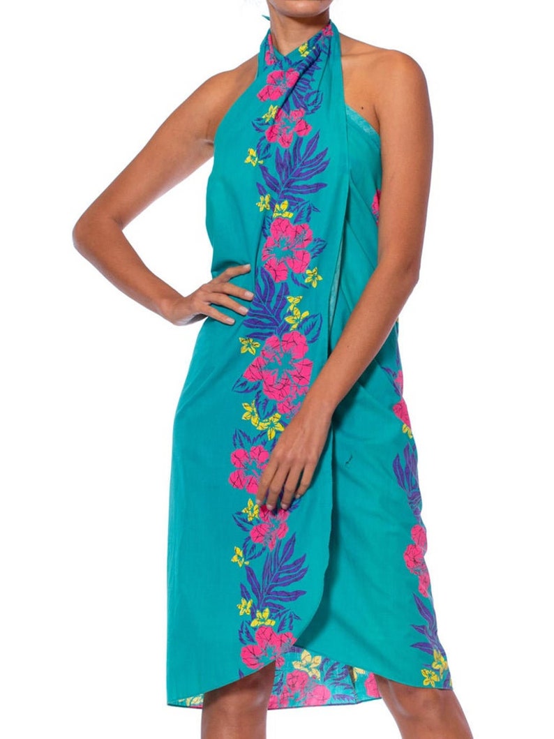 1970S Turquoise Pink Cotton Hawaii Tropical Surf Beach Wrap Dress Swim Cover Up image 4