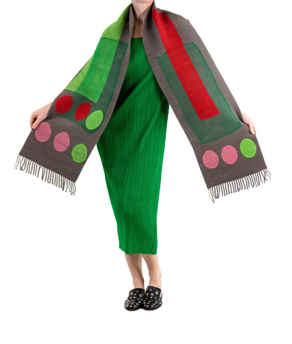 1990S Issey Miyake Grey & Green Wool Blend Scarf … - image 1