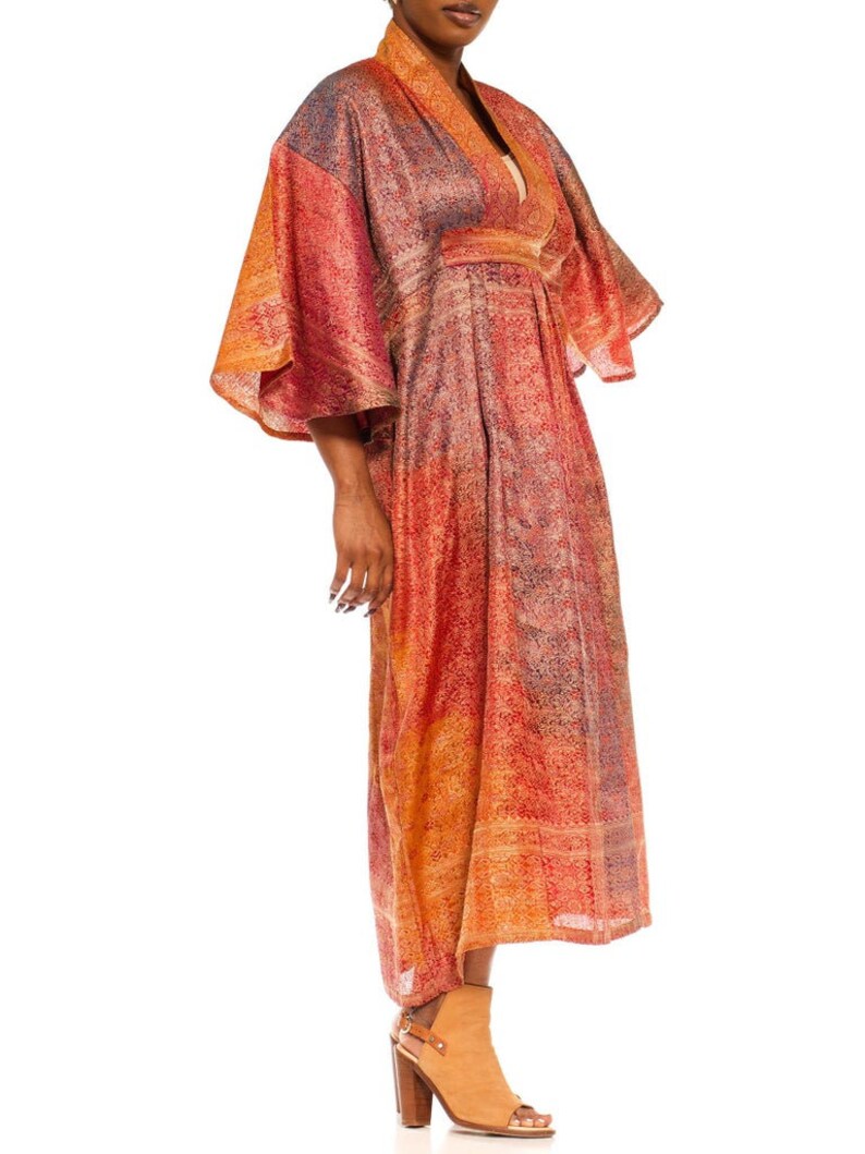 Morphew Collection Orange Yellow Multicolor Metallic Gold Silk Kaftan Made From Vintage Saris image 3