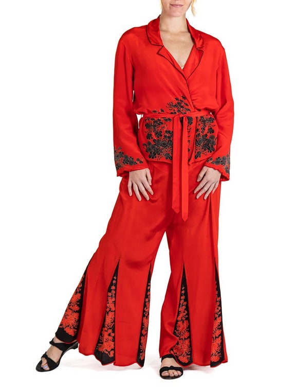 1920S Cherry Red Blossom Silk Pajamas Gem