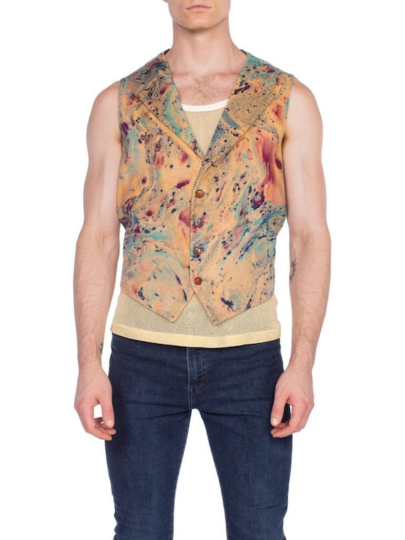 Mens 1960's Psychedelic Oil Print Velvet Vest