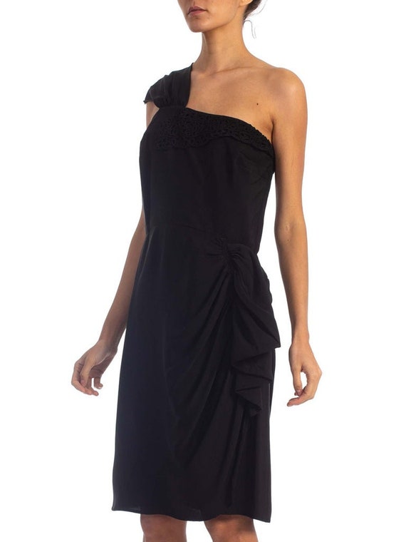 1940'S Black Rayon Crepe One Shoulder Draped Pepl… - image 2