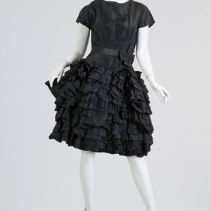 1950S PAULA WHITNEY Black Haute Couture Silk Taffeta Amazing Ruffled Poof Ball Skirt Cocktail Dress image 4