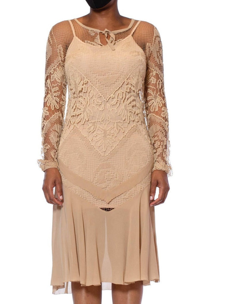 1920S Beige Handmade Lace Silk Chiffon Dress With Long Sleeves image 1