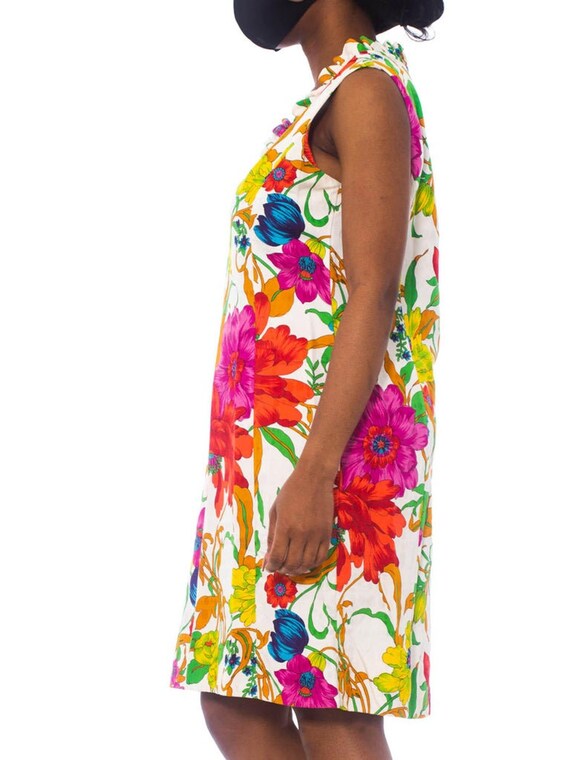 1960S White Floral Cotton Jacquard Sateen Mod Dress XL Gem