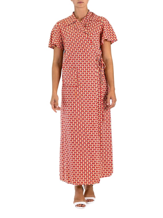 1940S Red Cotton Yellow Dot Print Wrap House Dress - image 1