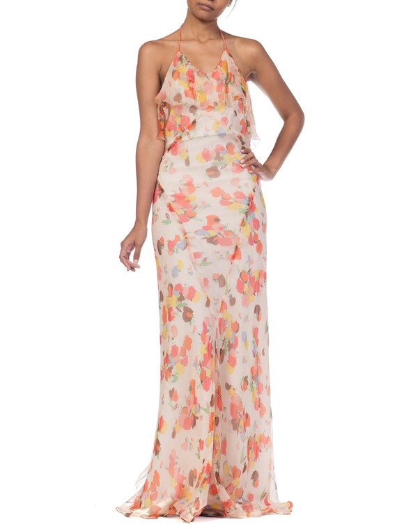 1930s Bias Floral Silk Chiffon Dress Size: S
