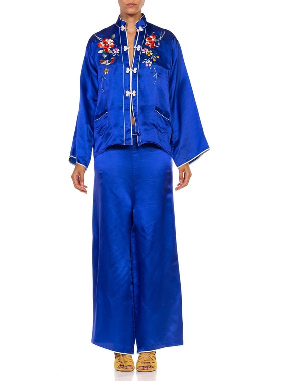 1970S Indigo Blue Silk Japanese Pajamas Ensemble … - image 1