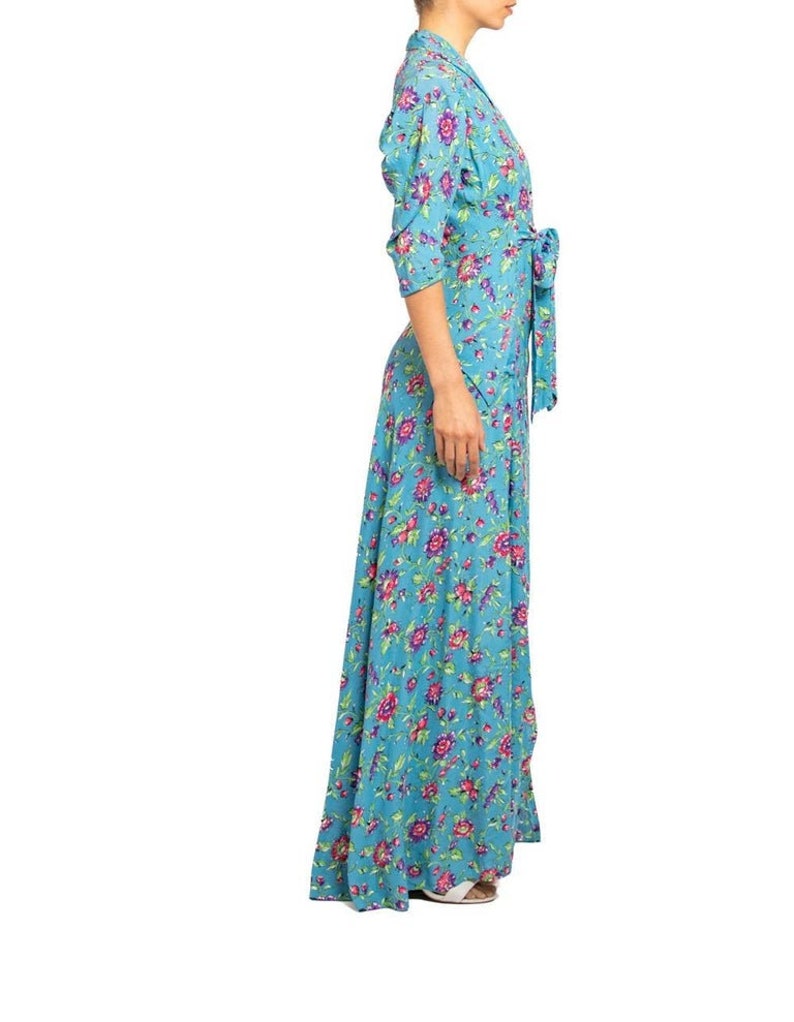 1940S Blue & Pink Floral Cold Rayon Zipper Front Dress image 3