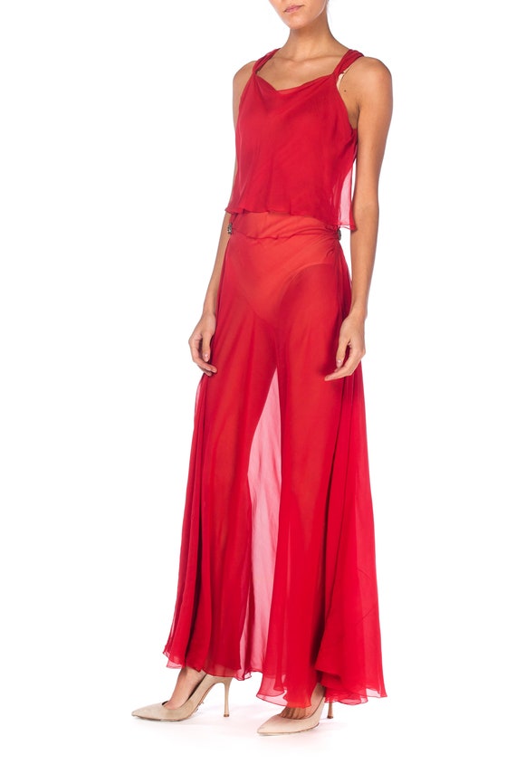 1930S Red Sheer Silk Chiffon Bias-Cut Gown With D… - image 6