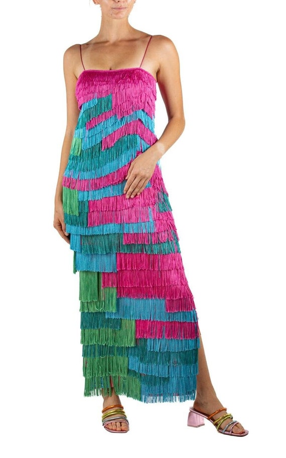 Morphew Atelier Pink Blue  Green Rayon Fringed Gown